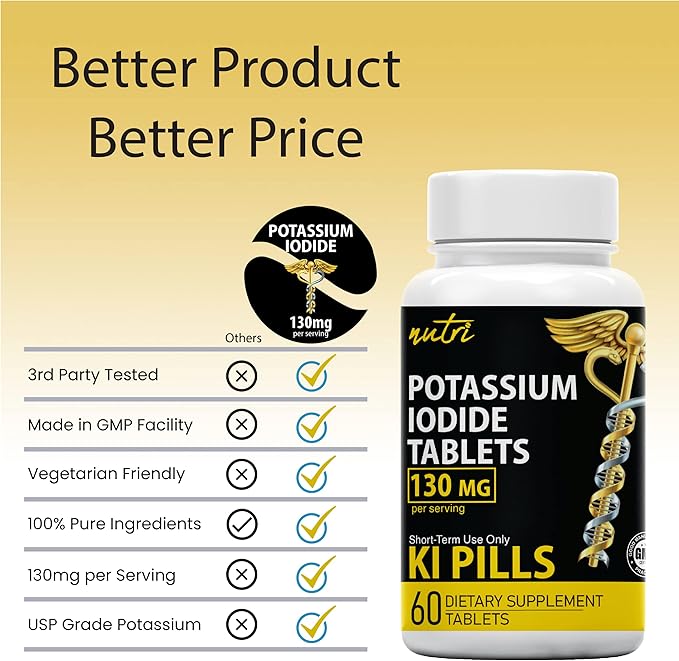 Potassium Iodide Tablets 130 mg (Pack of 2) - (120 Tablets) 10 Year Shelf-Life EXP 2034 to 2035 - Ki Pills - Yoduro de potasio - Nutri Supplements - 3rd Party Tested - NSF cGMP Certified Facility