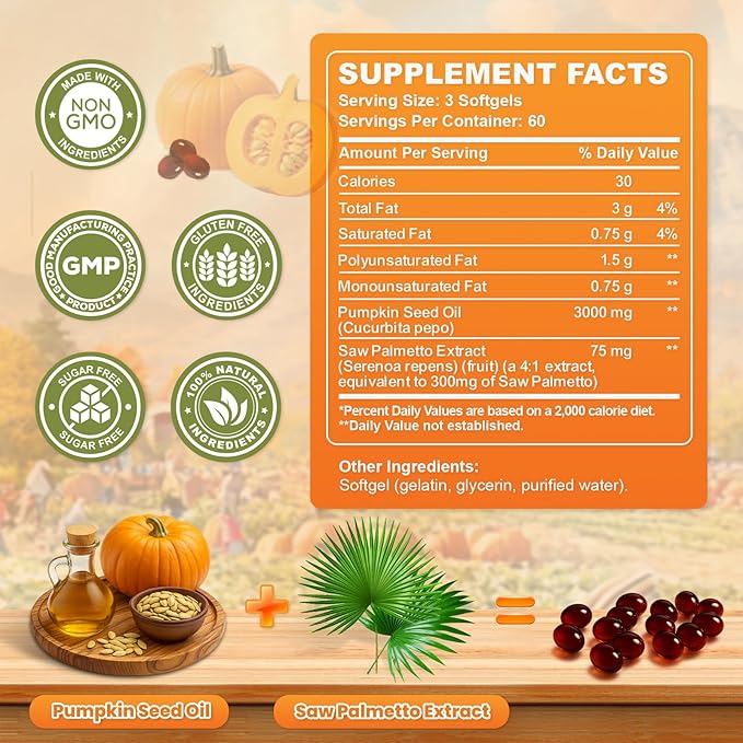 Pumpkin Seed Oil with Saw Palmetto Capsules, 3000mg Per Serving, Pumpkin Seeds Oil Supplement, Supports Immune, Hair, Urinary, Bladder & Prostate Health, Non-GMO, 360 Softgels