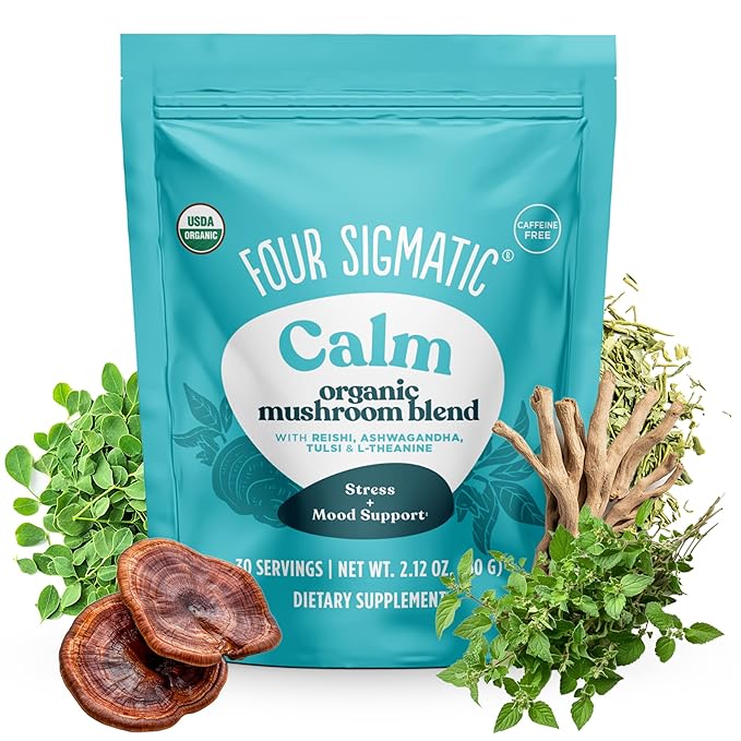Four Sigmatic Calm Mushroom Blend | Adaptogen Supplement with Ashwagandha, Reishi, Tulsi, Cordyceps, Chaga, Rose Hips, and More | Natural Stress Relief and Immune Support Supplement | 30 Servings