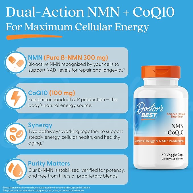 Doctor's Best NMN + CoQ10 Supplement for Women & Men - Supports NAD+ Production & Cellular Energy, Beta Nicotinamide Mononucleotide 150 mg & Coenzyme Q10 50 mg per Capsule, Vegan, Non GMO- 60 Veg Caps