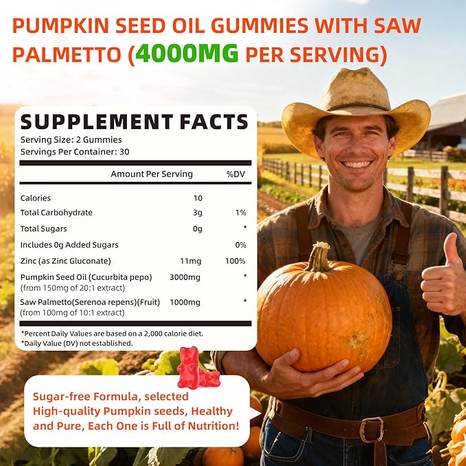 Pumpkin Seed Oil Gummies with Saw Palmetto, Organic Pumpkin Seed Oil Supplement for Hair Growth & Skin Health, Prostate Health, High Pure Extract for Women Men, Strawberry Flavor, 60 Count