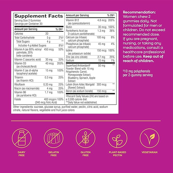 Nature's Way Alive! Women’s 50 Plus Multivitamin Gummy, Daily Chewable Multivitamins with B-Vitamins, Vitamin D3, Calcium, Supports Heart, Brain & Bone Health,* Mixed Berry Flavored, 60 Count