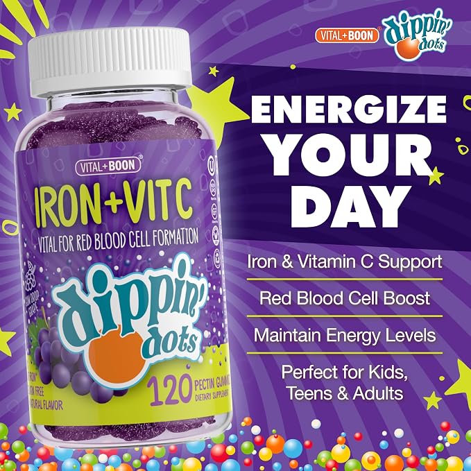 Vital+Boon - Iron with Vitamin C & B12 Gummies (120 Count) Vital for Red Blood Cell Formation | Gum Drop Grape Real Pectin Fruit Chew Supplements | Vegan, Non-GMO, Gluten Free & Gelatin Free