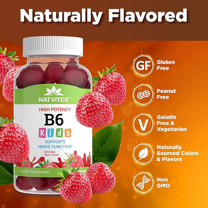 High-Potency Vitamin B6 Gummies for Kids - Delicious Berry Flavored VIT B6 Vitamins 50mg - Supports Nerve Function - Vegetarian Gluten Free Non-GMO Children's 50 mg B 6 Supplement (60 Count)