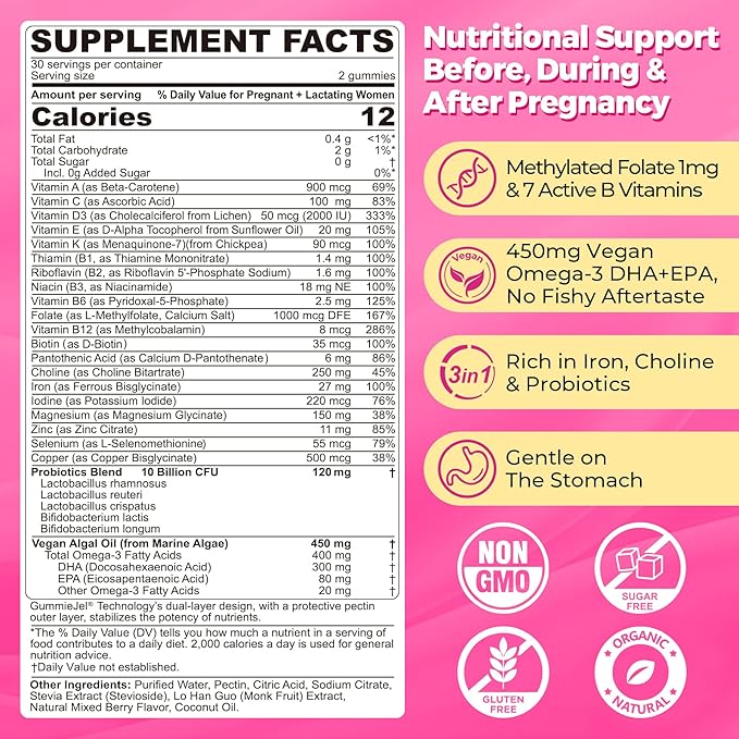 Prenatal Multivitamin Gummy for Women w/Methylfolate 1mg, Iron Choline Omega-3(DHA+EPA), Prenatal Vitamins for Women Gummies, Postnatal Vitamins | Before,During & After Pregnancy, Sugar Free,120Cts