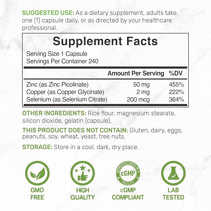Deal Supplement Zinc 50mg with Selenium + Copper, 240 Capsules, 8 Month Supply, 3 in 1 Mineral Formula, Zinc Picolinate Complex Supplement, Supports Healthy Immune System for Adults and Kids
