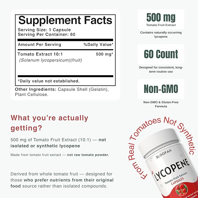 Lycopene Supplements for Men 500mg - Natural Tomato Fruit 10:1 Extract - Non-GMO Lycopene Supplement for Prostate, Skin & Antioxidant Support - (60 Count (Pack of 1))