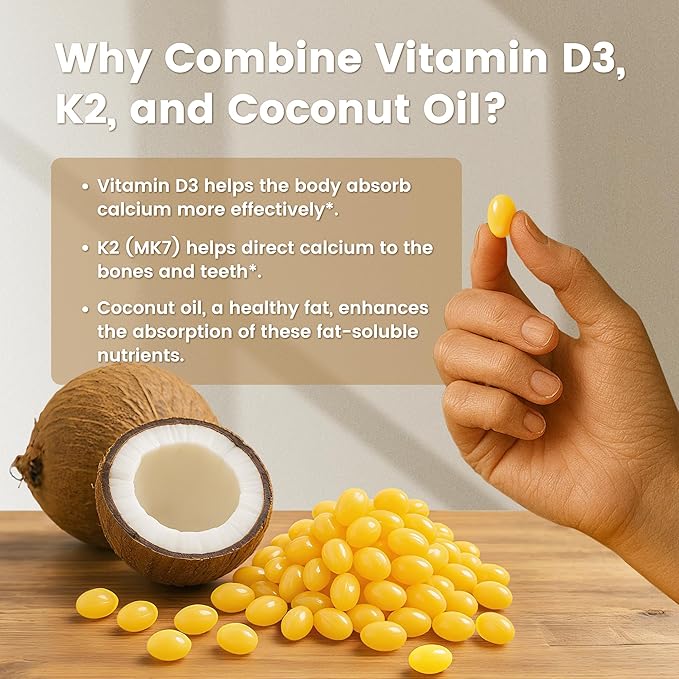 VEV Corefeel Vitamin D3 K2 10,000 IU, 200 mcg MK-7, 300 Coconut Oil Softgels, 2 in 1 Vitamins Supplement D & K (Include MK7), Easy to Swallow, Supports Calcium Absorption, Bone Health