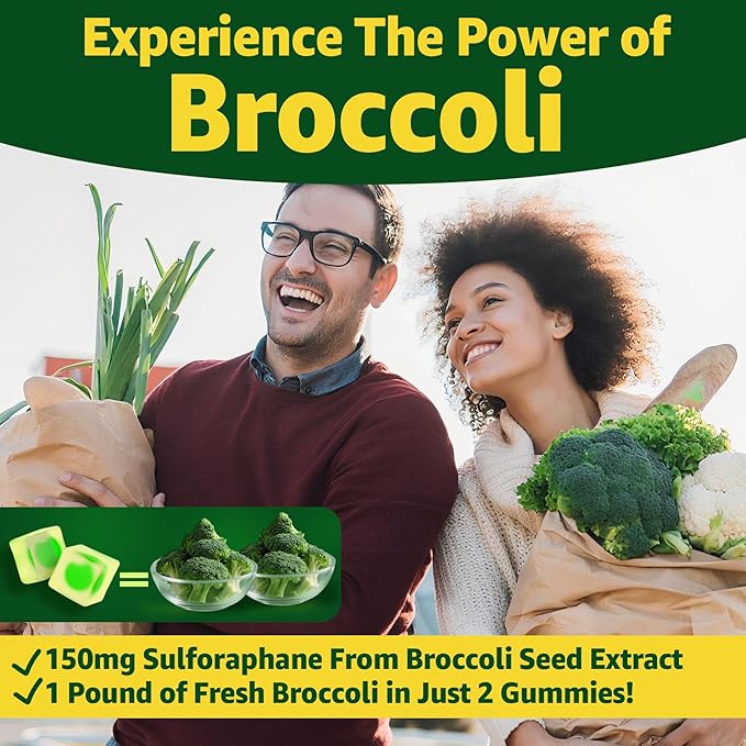 Liposomal Sulforaphane Supplement 150mg, from Broccoli Seed Extract w/Myrosinase, Quercetin, Glutathione, Sulforaphane Supplement Gummies for Antioxidants Detox Cellular Brain Health, Chewable 60Cts