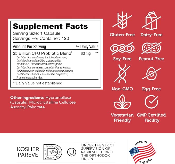 Zahler BioDophilus25, 25 Billion CFU Probiotic + Prebiotic - 11 Strains Daily Probiotic Supplement - Kosher Probiotics for Women for Digestive Health, Probiotics for Men for Gut Health (120 Capsules)
