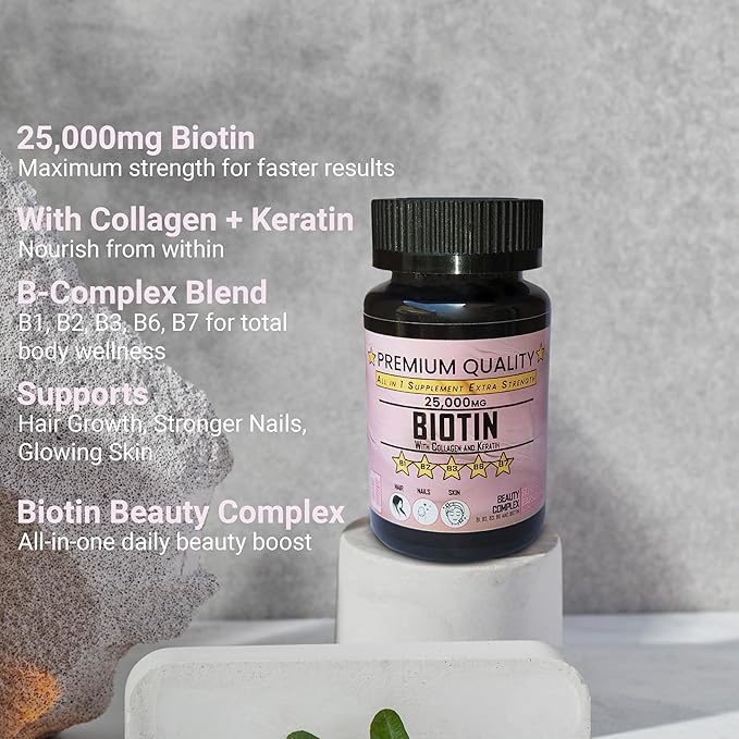 Biotin with Collagen and Keratin Complex, 25000 MG, Beauty Supplement with B Vitamins, 60 Veggie Capsules