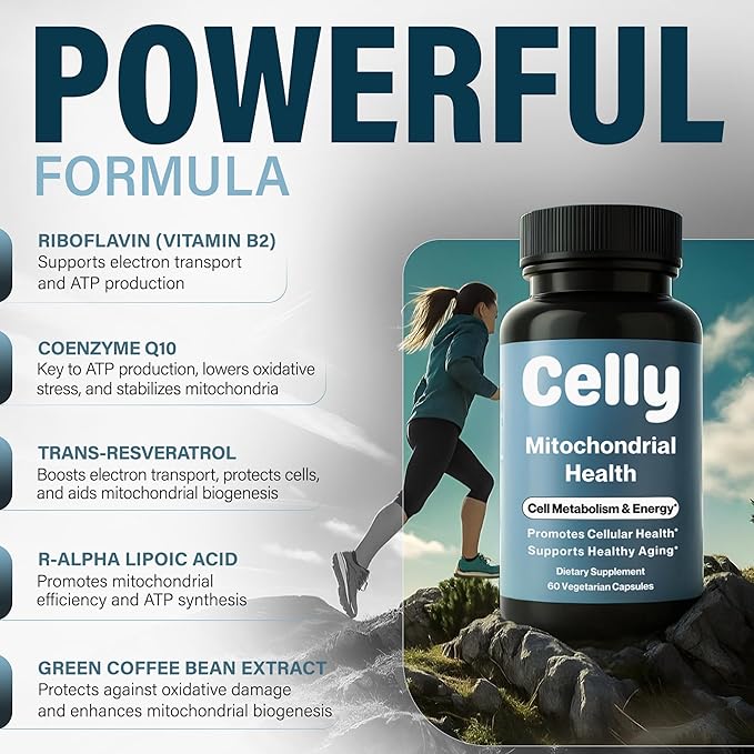 Celly Mitochondrial Health | Longevity Supplement for Cellular Nutrition and Healthy Aging | Promotes Mitochondria ATP Energy with CoQ10, Resveratrol & Green Coffee | Made in USA & 3rd Party Tested