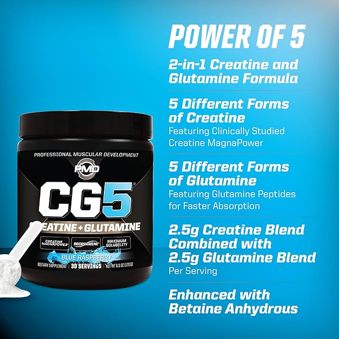 PMD Sports CG5 - Premium Creatine & L Glutamine Powder - Maximum Strength Power Recovery, Build Lean Muscle, Increase Workout Performance - Pre Workout & Post Workout - Blue Raspberry (30 Serv)