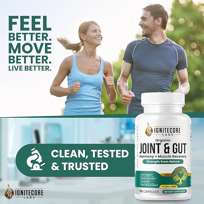 Organic Joint & Gut Harmony – Turmeric Curcumin, Boswellia, Type II Collagen, Tart Cherry, Ginger, Moringa, Probiotics – Joint Comfort, Mobility, Flexibility, Gut Balance, Digestive Support – 2000mg