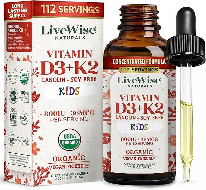 Vitamin D3 K2 Kids Liquid Drops - 112 Servings, Ultra Concentrated Formulation, Fast Absorption 800 IU & 35 MCG for Calcium & Bone Support - Daily Nutritional Support Parents Trust
