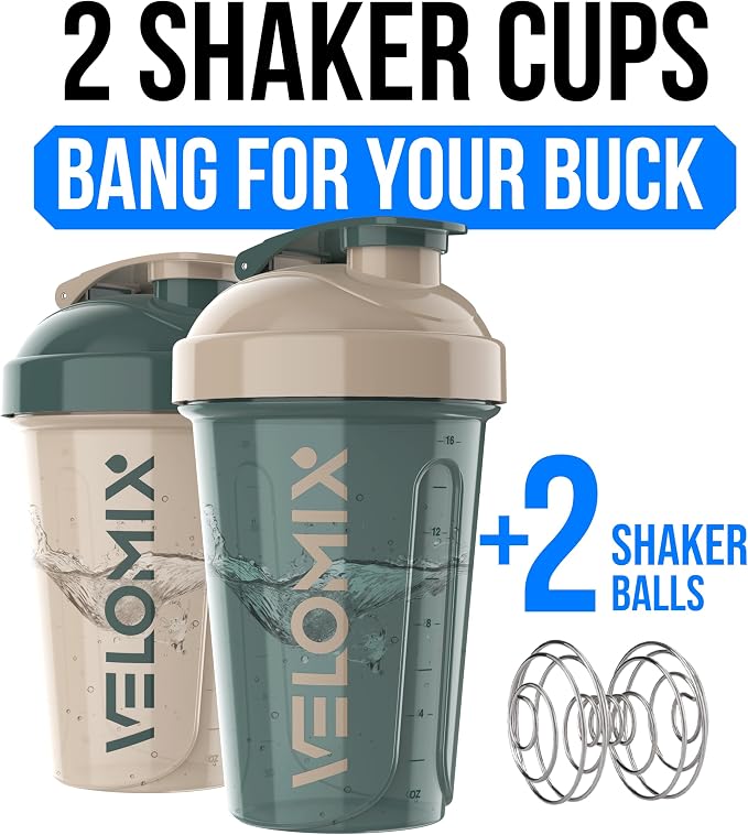 VELOMIX -2 Pack- 20 oz Protein Shaker Bottles for Protein Mixes - 2x Wire Whisk | Leak Proof Shaker Cups for Protein Shakes and Pre Workout | Protein Shaker Bottle Pack (A5) Blue&Beige