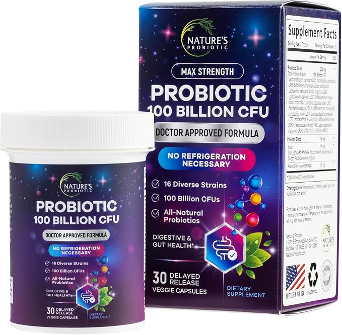 Probiotics for Digestive Health - Probiotic Blend 100 Billion CFU Per Capsule - 16 Premium Strains & Prebiotics for Women & Men, Occasional Constipation, Gas, Gut, Immune Health Support - 30 Capsules