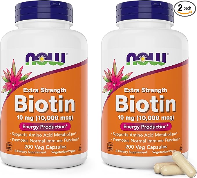 NOW Foods Extra Strength Biotin 10,000mcg / 10 mg - 200 Veg Capsules (Pack of 2) - Hair, Skin, Nail - Supplement for Men and Women - B7 Vitamin - Vegetarian, Vegan, Non-GMO