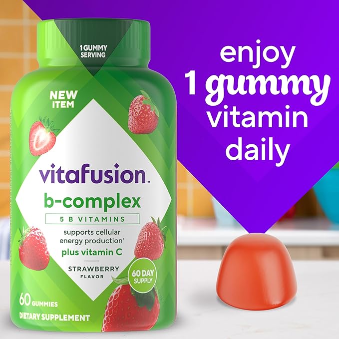 vitafusion B-Complex Gummy Dietary Supplements, with 5 B Vitamins to Support Cellular Energy Production (1), Plus Vitamin C, Strawberry Flavor, 60 Count