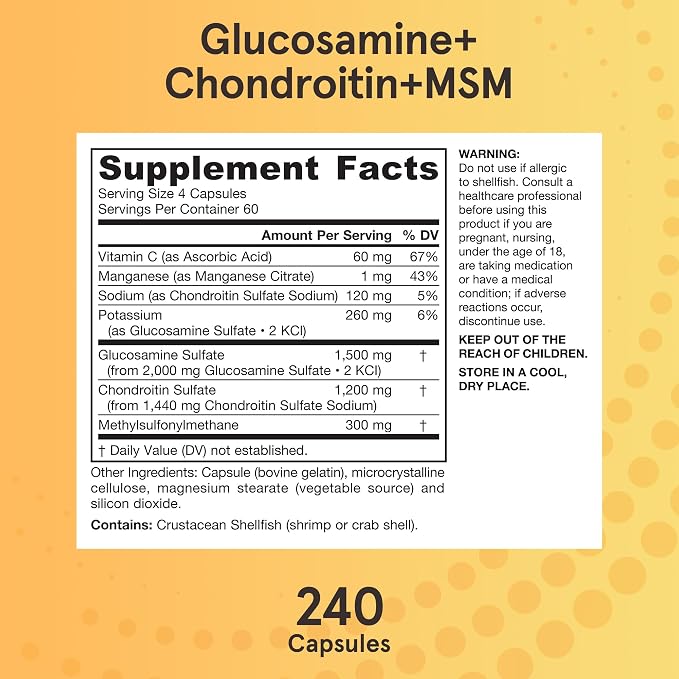 Jarrow Formulas Glucosamine, Chondroitin, and MSM Capsules; Joint Support Supplement with Vitamin C and Manganese, Bone & Joint Health, 240 Capsules, 60 Day Supply