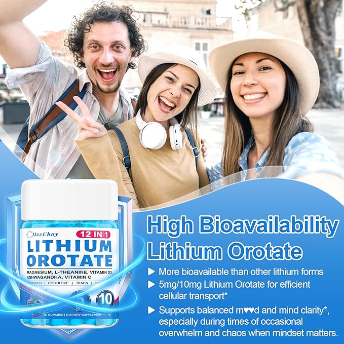 12-in-1 Lithium Orotate 5mg 10mg with Ashwagandha & L-Theanine, Lithium Orotate for Mood, Calm, Cognitive & Brain, High Bioavailability Trace Mineral, Lemon Balm, Magnesium Glycinate, 2 Pack