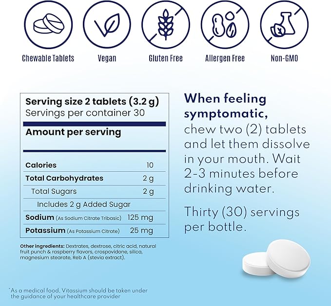 Vitassium FastChews, Chewable Electrolyte Tablets for Management of POTS and High Sodium Diets, Fast-Acting Sodium Tablets, Fruit Punch, 60 Count