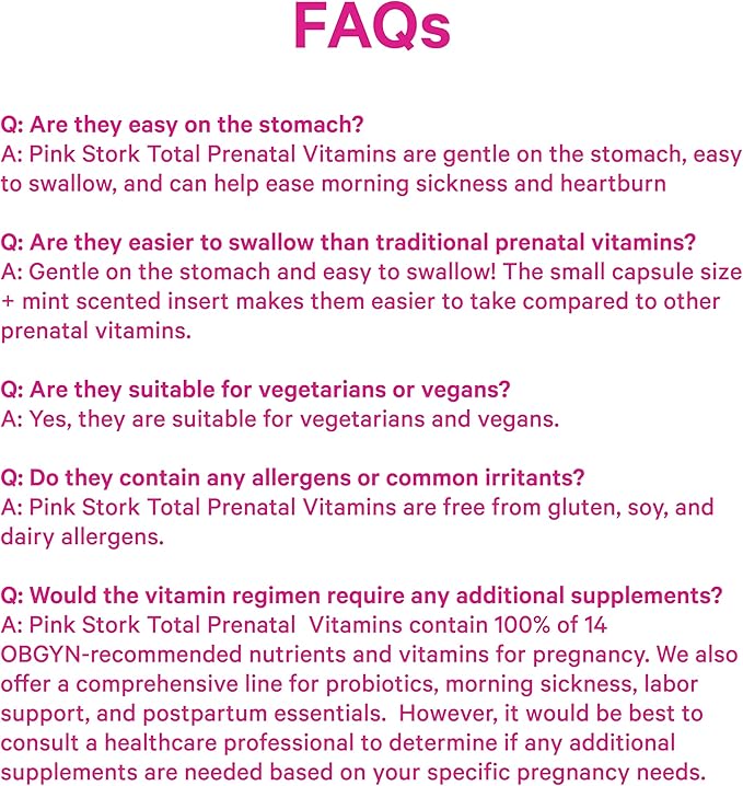 Pink Stork Total Prenatal Vitamins for Women | DHA, Folate, Iron, Choline, & Vitamin B12 | Preconception Nutrition | Prenatals for Women, Pregnancy Essentials | Doctor Formulated, 60 Count, Mint