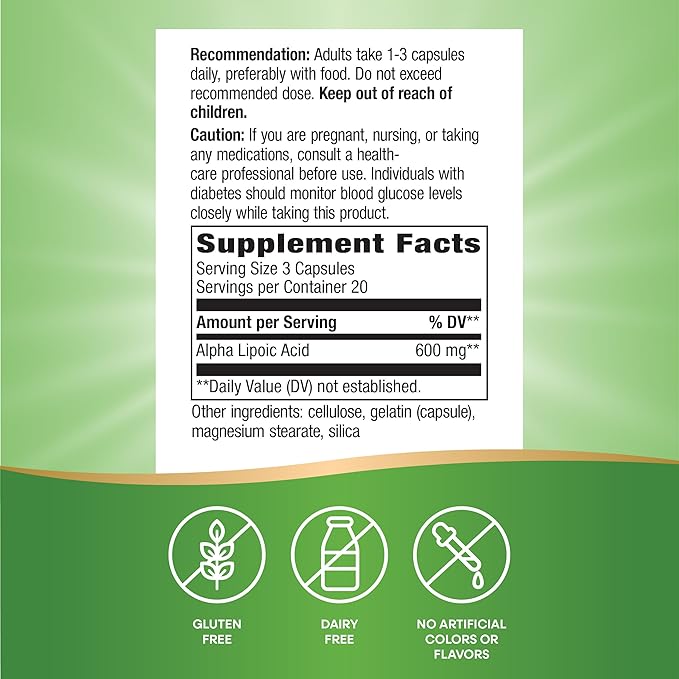 Nature's Way Alpha Lipoic Acid, Supports Healthy Nerve Function & Antioxidant Pathways*, 600 mg per 3-Capsule Serving, 60 Capsules (Packaging May Vary)