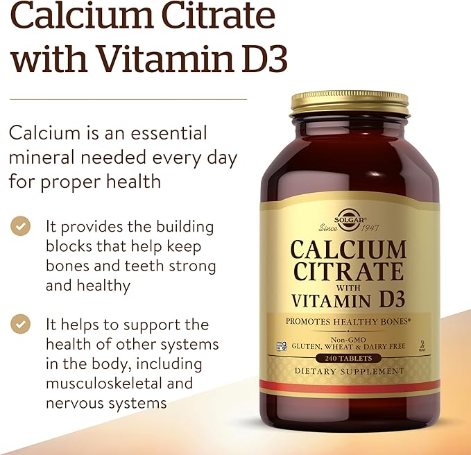 Solgar Calcium Citrate with Vitamin D3, 240 Tablets - Promotes Healthy Bones & Teeth, Supports Musculoskeletal & Nervous Systems - Non-GMO, Gluten-Free, Dairy Free, Kosher - 60 Servings