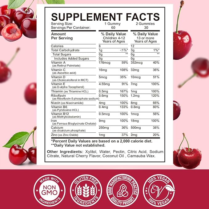 Iron Supplement Gummies for Kids - with Calcium, Zinc, Kids Multivitamin with Iron Gummies - Immune Support, Blood Builder & Energy Support for Iron Deficiency, Anemia, Cherry Flavor, 60 Gummies