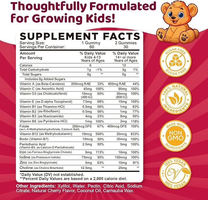 Iron Supplement Gummies for Kids, Kids Multivitamin with Iron Gummies - Zinc, Vitamin B Complex, A, C, D3, B12, Folate for Blood Builder & Energy Support, Iron Deficiency, Vegan Cherry 60ct