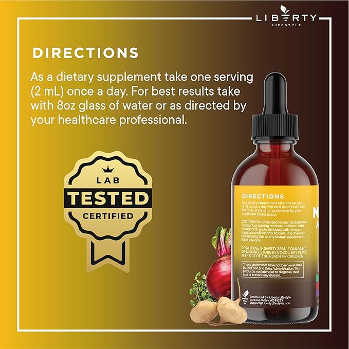 Organic Maca Root Liquid Drops with Ashwagandha, Nettle, Fenugreek, Beet Root and L-Arginine Liquid Multivitamin for Women and Men - 4oz