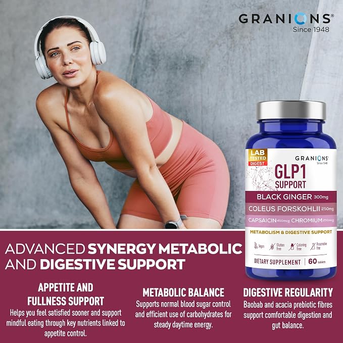 Granions GLP-1 Support Supplement - Metabolism, Gut Health, Digestive Support - Fermented Black Ginger, Coleus Forskohlii, Chromium, Capsaicin, Caffeine - Vegan, Gluten Free Supplements - 60 Tablets