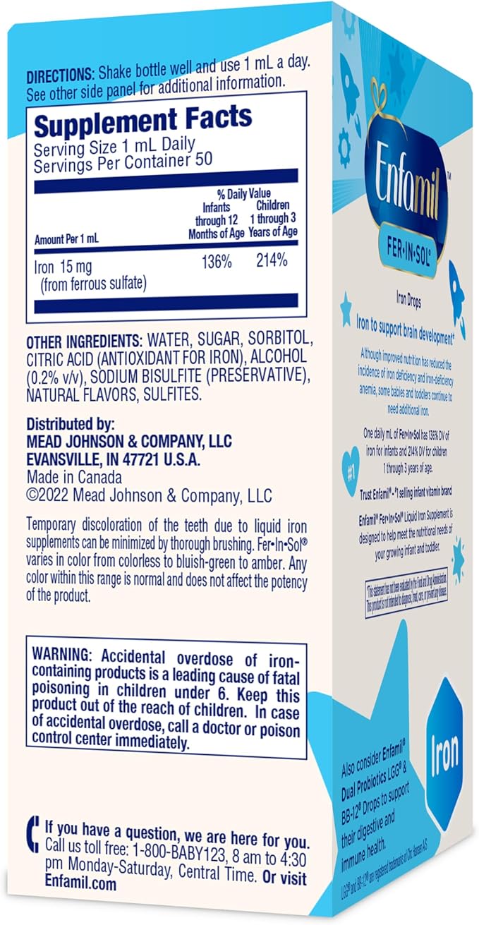 Enfamil Fer-in-Sol Iron Supplement Drops for Infants, 50 mL Dropper Bottle (Pack of 2)