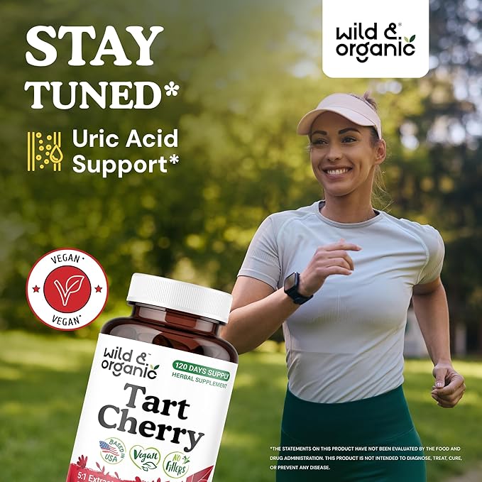 Wild & Organic Tart Cherry Capsules 600 mg - Uric Acid Support - Tart Cherry Powder Supplement - Prunus Cerasus Fruit Extract - 120 Days of Supply - Vegan, No Fillers, Non-GMO - 120 Count