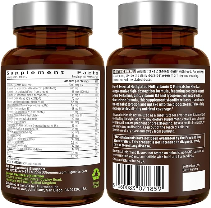 Igennus Methylated Men's Multivitamin with 22 Actives, Added Lycopene for Antioxidant Support, High Potency B12, Sustained Release, Pure & Clean, Non-GMO & Halal, 180 Tablets