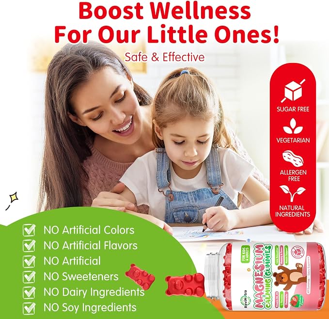 Kids Magnesium Glycinate Gummies, Magnesium Supplement with L-Theanine, Vitamin B6, D3 for Kids & Adults, Calm Magnesium for Sleep Relaxation,Brain,Bones,Sugar Free Strawberry 120ct