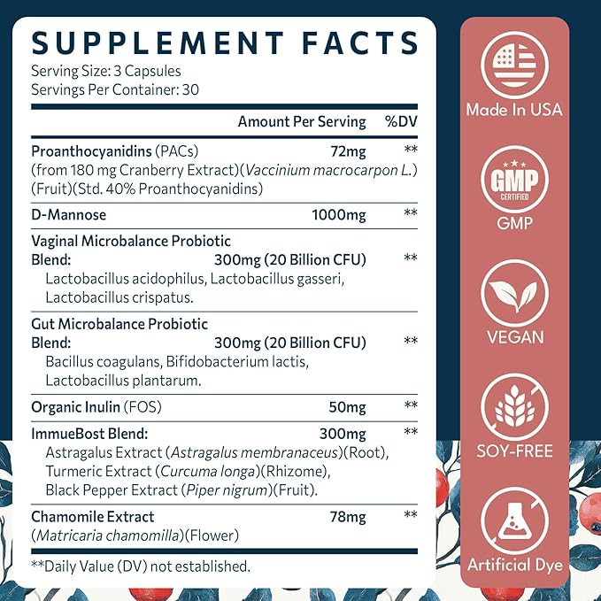 72mg PAC, Cranberry Pills for Women - Organic Cranberry Juice Extract Plus 1000mg D-Mannose, Supports Urinary Tract Health, Cranberry Supplement - 180 Capsules
