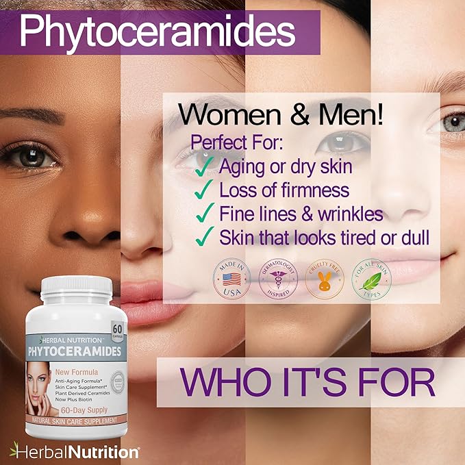 Herbal Nutrition Phytoceramides from Rice with Biotin Vitamin A, C, D and E, Three Bottle Pack, 180 Capsules 40mg
