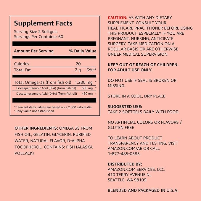 Amazon Elements Super Omega-3, Wild-Caught Fish Oil, Natural Lemon Flavor, EPA & DHA Omega-3 Fatty Acids, 1280 mg per Serving, 120 Softgels (Packaging may vary)
