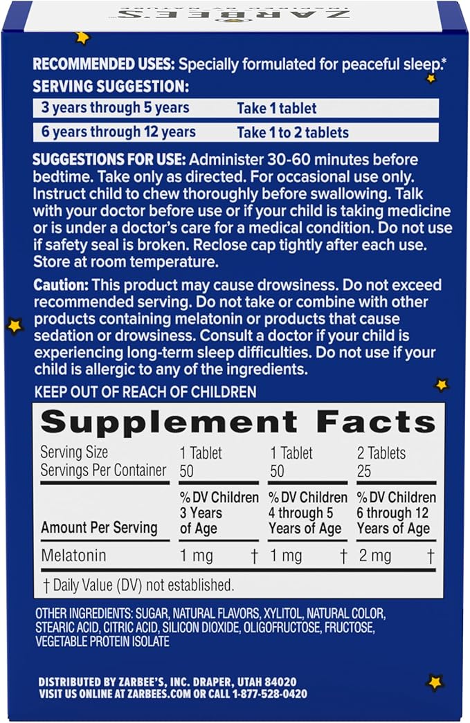 Zarbee's Kids Melatonin Chewable Tablet, 1mg Melatonin, Drug-Free & Effective Sleep Supplement, Natural Grape Flavor, No Artificial Sweeteners or Dyes, Gluten Free, Ages 3+, 50 ct