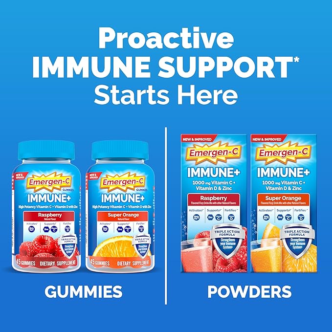 Emergen-C Immune+ Triple Action Immune Support Gummies, BetaVia (R), 1000mg Vitamin C, B Vitamins, Vitamin D and Antioxidants, Raspberry – 45 Count