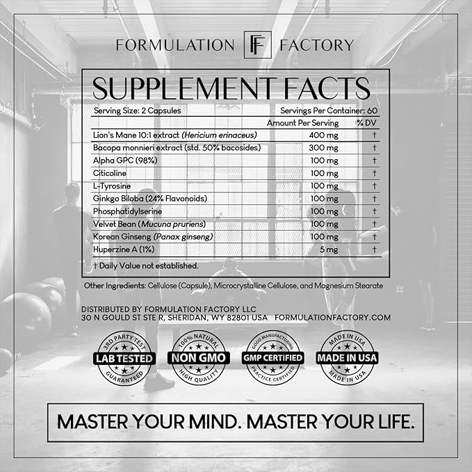 Formulation Factory Nootropic Brain Supplement - Boss Mode Focus & Memory Complex with Lion's Mane, Alpha GPC & Bacopa - Cognitive Support - 120 Capsules, 2 Month Supply