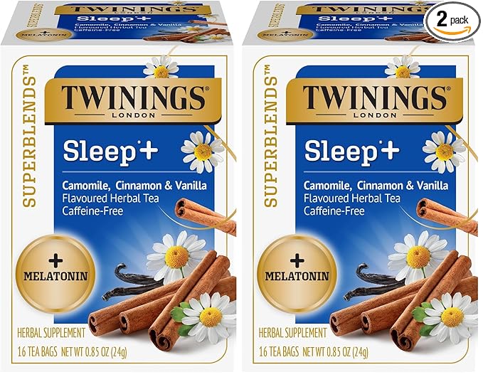 Twinings Superblends Sleep+ Herbal Tea with 1mg Melatonin Camomile, Cinnamon & Vanilla, Naturally Caffeine-Free, Enjoy Hot or Iced, 16 Tea Bags (Pack of 2)