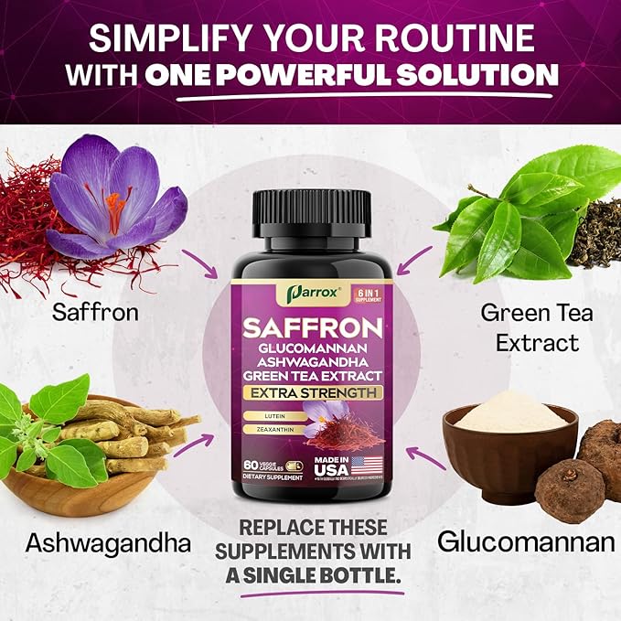 Saffron Supplement with Glucomannan, Ashwagandha, Green Tea Extract, Zeaxanthin & Lutein, Vision Support & Daily Wellness Formula, Extra Strength Plant-Based Capsules, 6 Month Supply (3 Pack)
