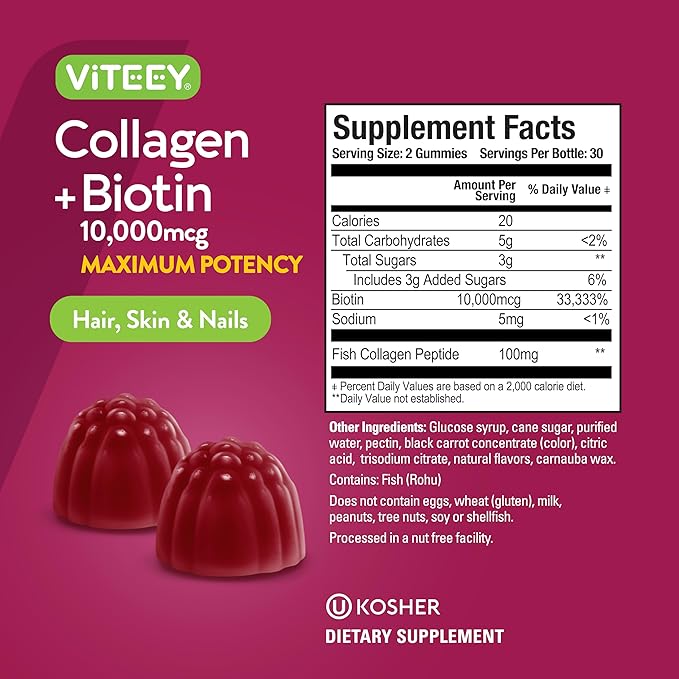Viteey Collagen Gummies with Biotin Gummies for Hair Skin and Nails Vitamins - Biotin and Collagen Supplements for Women & Men - Gluten-Free – 120 Count