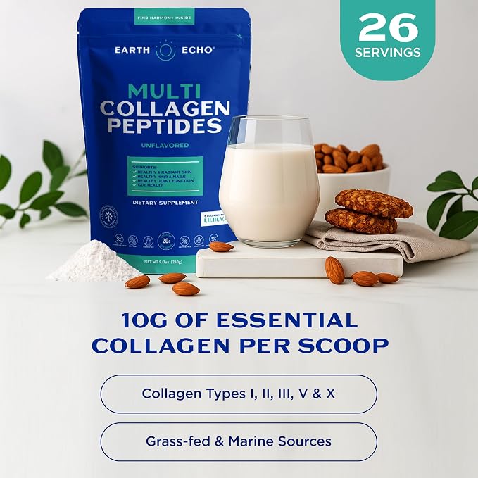 Earth Echo Multi Collagen Peptides Powder - Unflavored Hydrolyzed Collagen with Vitamin C & Hyaluronic Acid for Skin, Joints, Gut & Immunity - Non-GMO, Dairy-Free, Keto-Friendly - 26 Servings