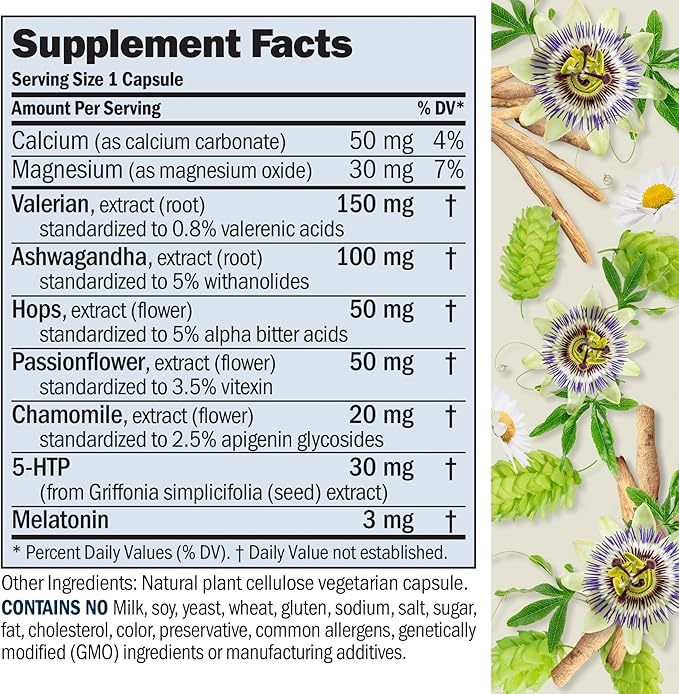 ANDREW LESSMAN Night Time 30 Capsules - 3mg Melatonin, Valerian, Ashwagandha, Passionflower, Hops, Chamomile. No Morning Grogginess. Natural Support, Gentle Restful Sleep. Easy to Swallow Capsules