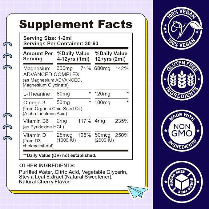 Kids Magnesium Liquid Drops-Magnesium Glycinate Liquid for Kids Supplement-w/L-theanine, Omega-3, Vitamin B6, D3 - for Sleep, Relaxation, Brain, Bones - Cherry Flavor, 4 Fl Oz