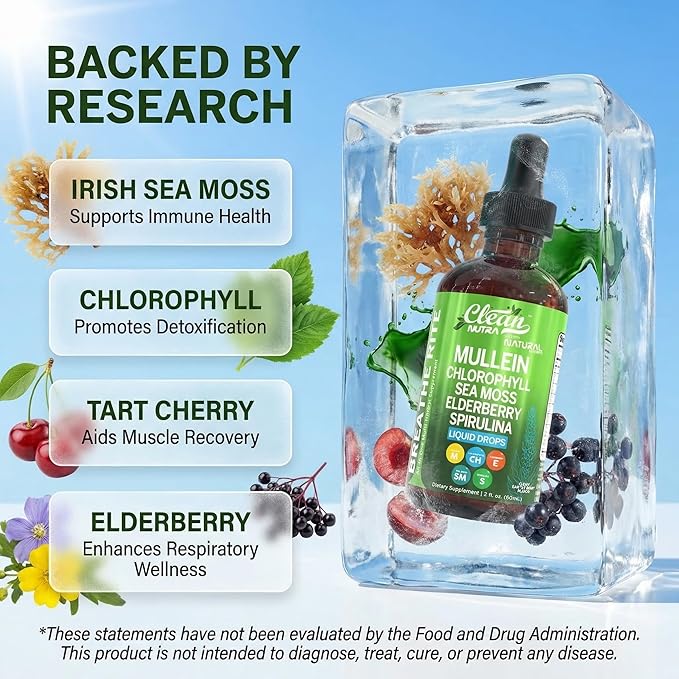 Mullein Drops for Lungs Liquid Chlorophyll Mullein Leaf Extract Supplement Elderberry Sea Moss Spirulina Chlorella Lobelia Marigold Licorice Marshmallow Lung Detox Cleanse Tincture Men Women 2 fl oz
